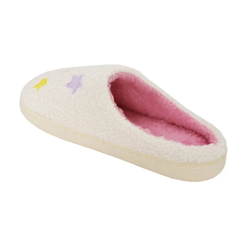 Girls Star Smiley Face Slippers Pink Plush Faux Fur Cozy House Shoes 5-6